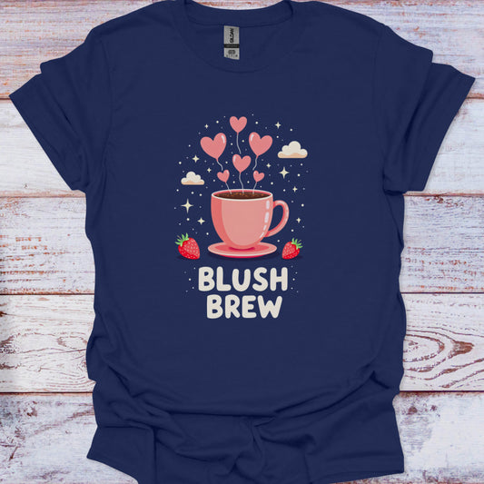 Navy blue t-shirt with a pink coffee cup graphic and 'Blush Brew' text on a wooden surface