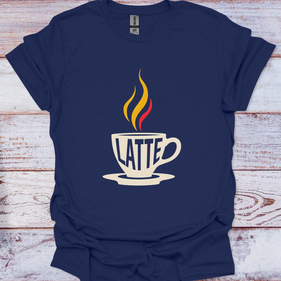 Navy blue t-shirt with a graphic of a coffee cup and flames on a wooden surface