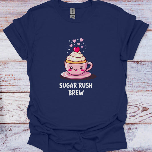 Navy blue t-shirt with a cartoon cup and 'Sugar Rush Brew' text on a wooden surface