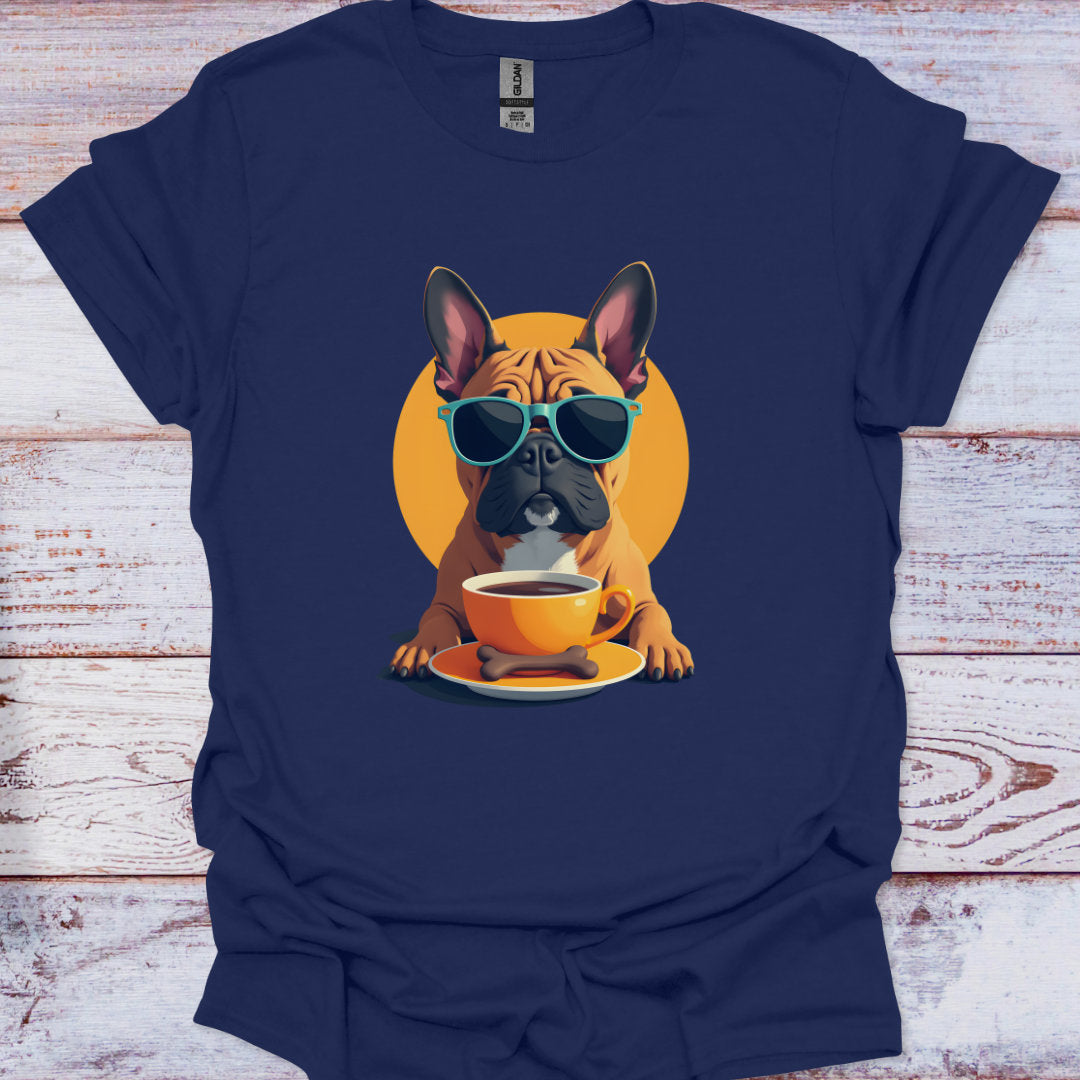 Navy blue t-shirt with a graphic of a dog wearing sunglasses and a coffee cup on a wooden surface