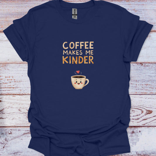 Navy Blue t-shirt highlighting a smiling ceramic mug icon and distressed text Coffee Makes Me Kinder.