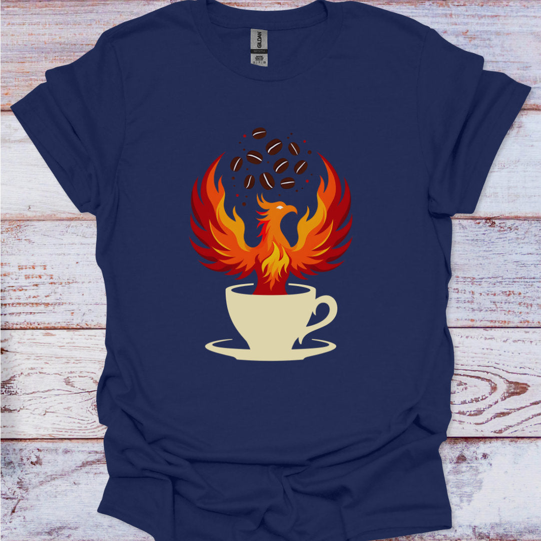 Navy blue t-shirt with a phoenix rising from a coffee cup design on a wooden surface