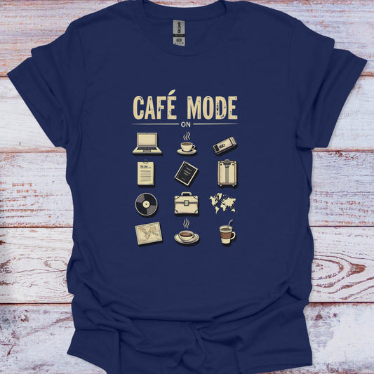 Navy blue t-shirt with 'Café Mode On' text and icons on a wooden surface