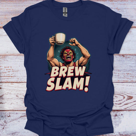 Navy blue t-shirt with 'Brew Slam!' graphic on a wooden surface