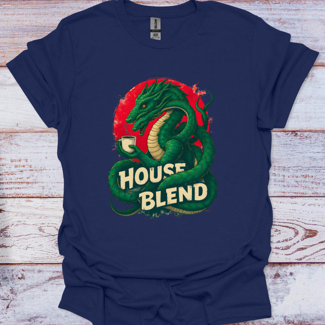 Navy blue t-shirt with a green snake design and 'House Blend' text on a wooden surface