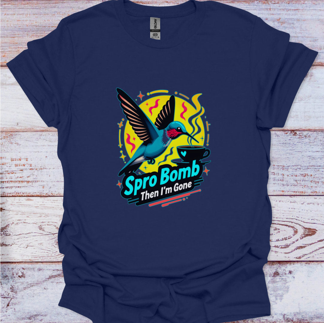 Navy blue t-shirt with a colorful graphic of a bird and text on a wooden surface