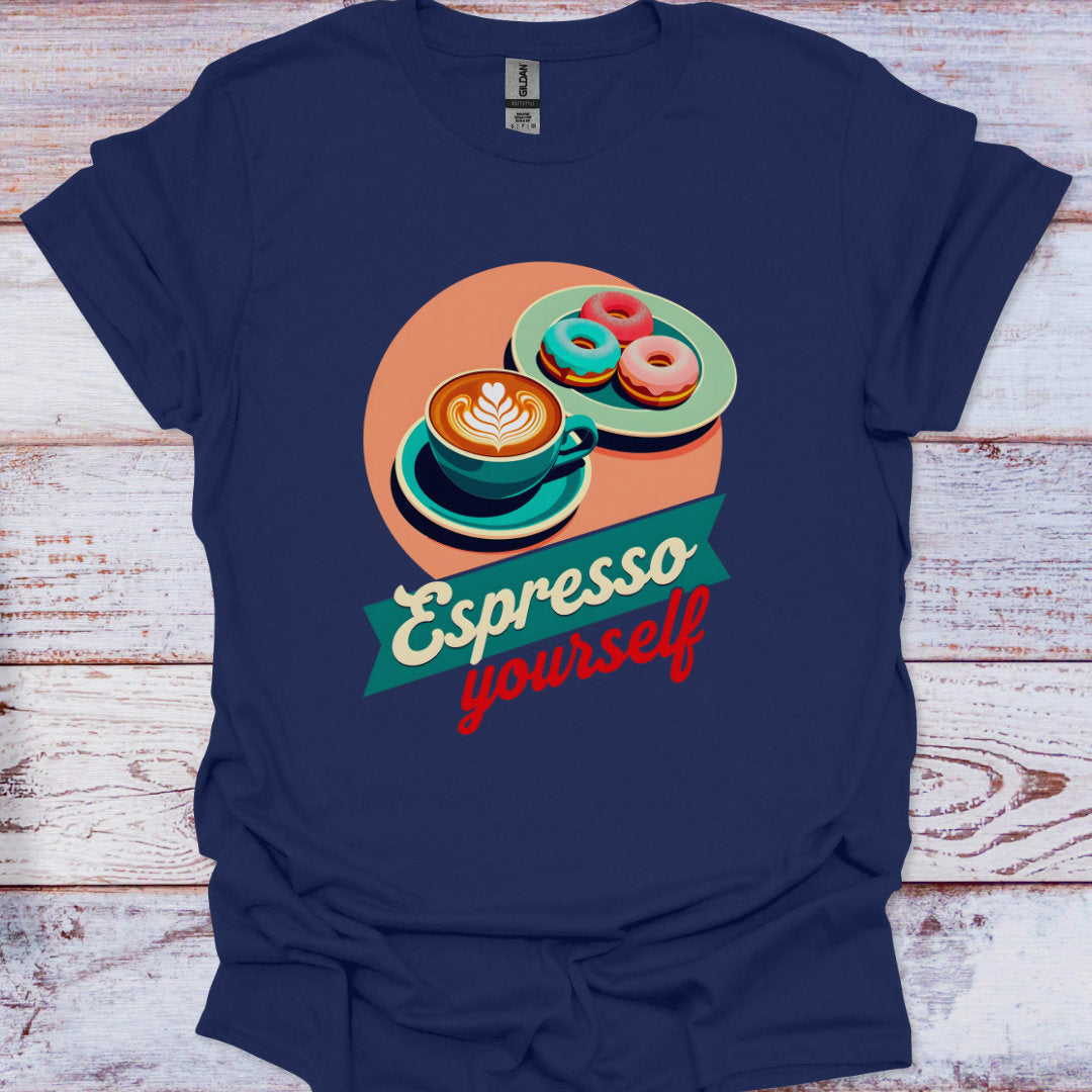 Navy blue t-shirt with a graphic of coffee and donuts and 'Espresso yourself' text on a wooden surface.