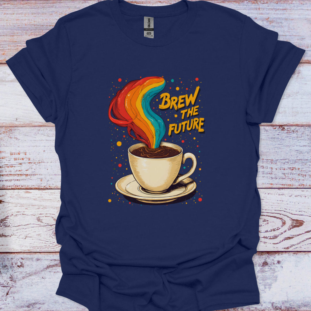 Navy blue t-shirt with a coffee cup graphic and 'Brew the Future' text on a wooden surface