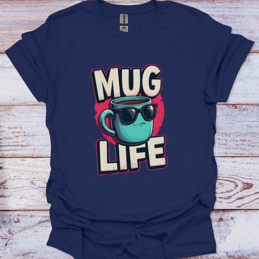Navy blue t-shirt with 'Mug Life' graphic design on a wooden surface