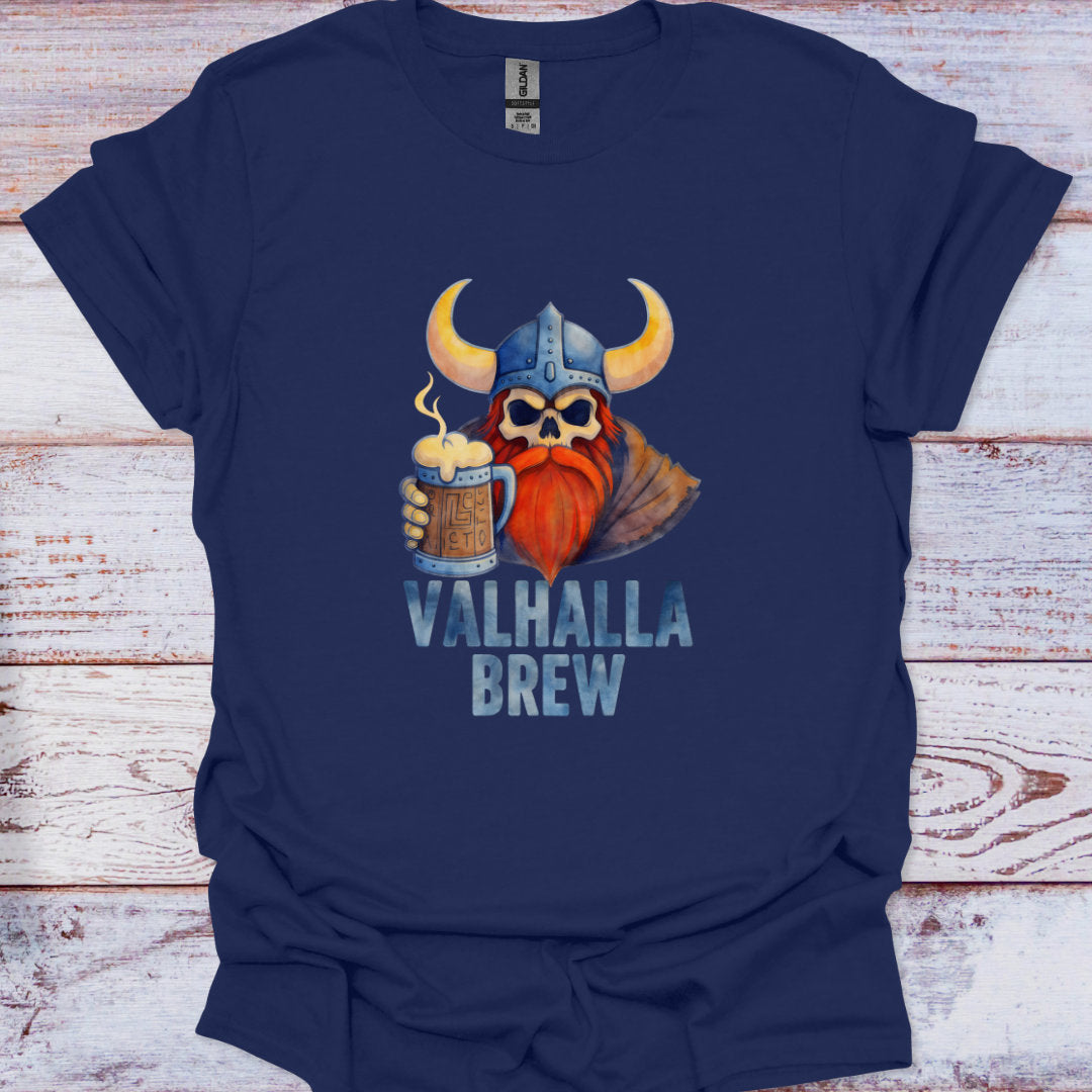Navy blue t-shirt with a graphic of a Viking holding a mug of beer and 'Valhalla Brew' text on a wooden surface.