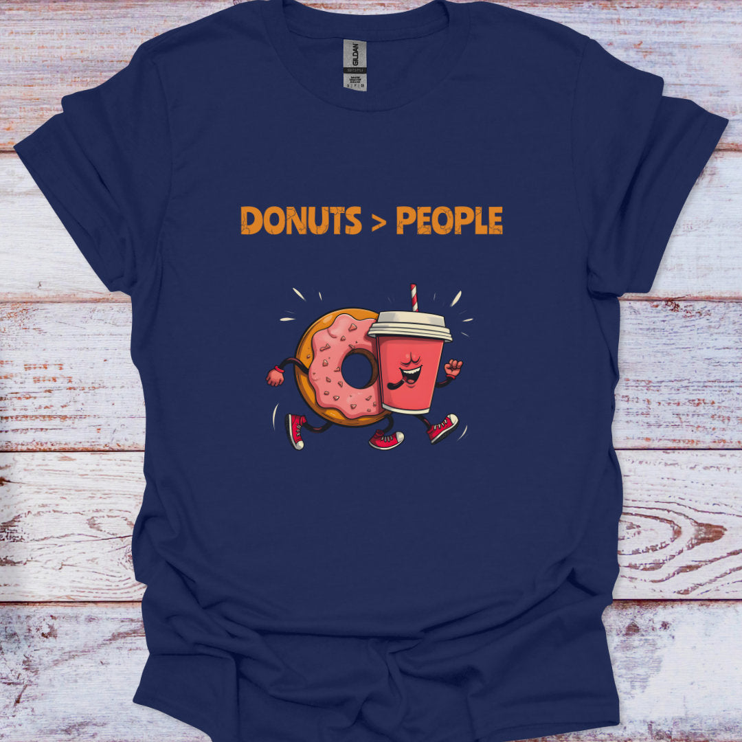 Navy blue t-shirt with 'Donuts > People' graphic and text on a wooden surface
