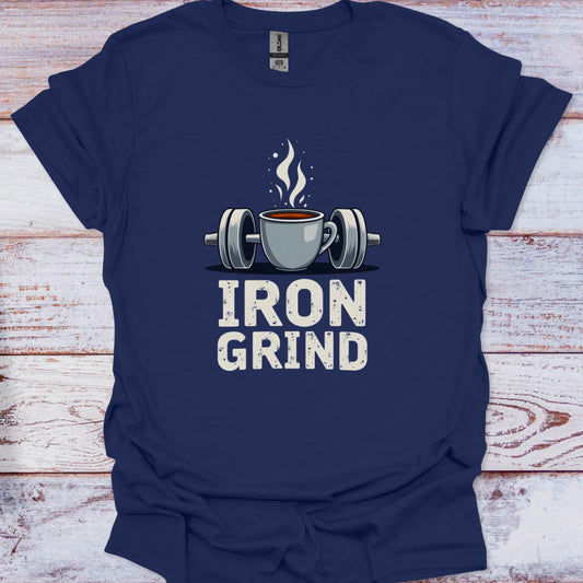 Navy blue t-shirt with 'Iron Grind' graphic design featuring a coffee cup and weights on a wooden surface.