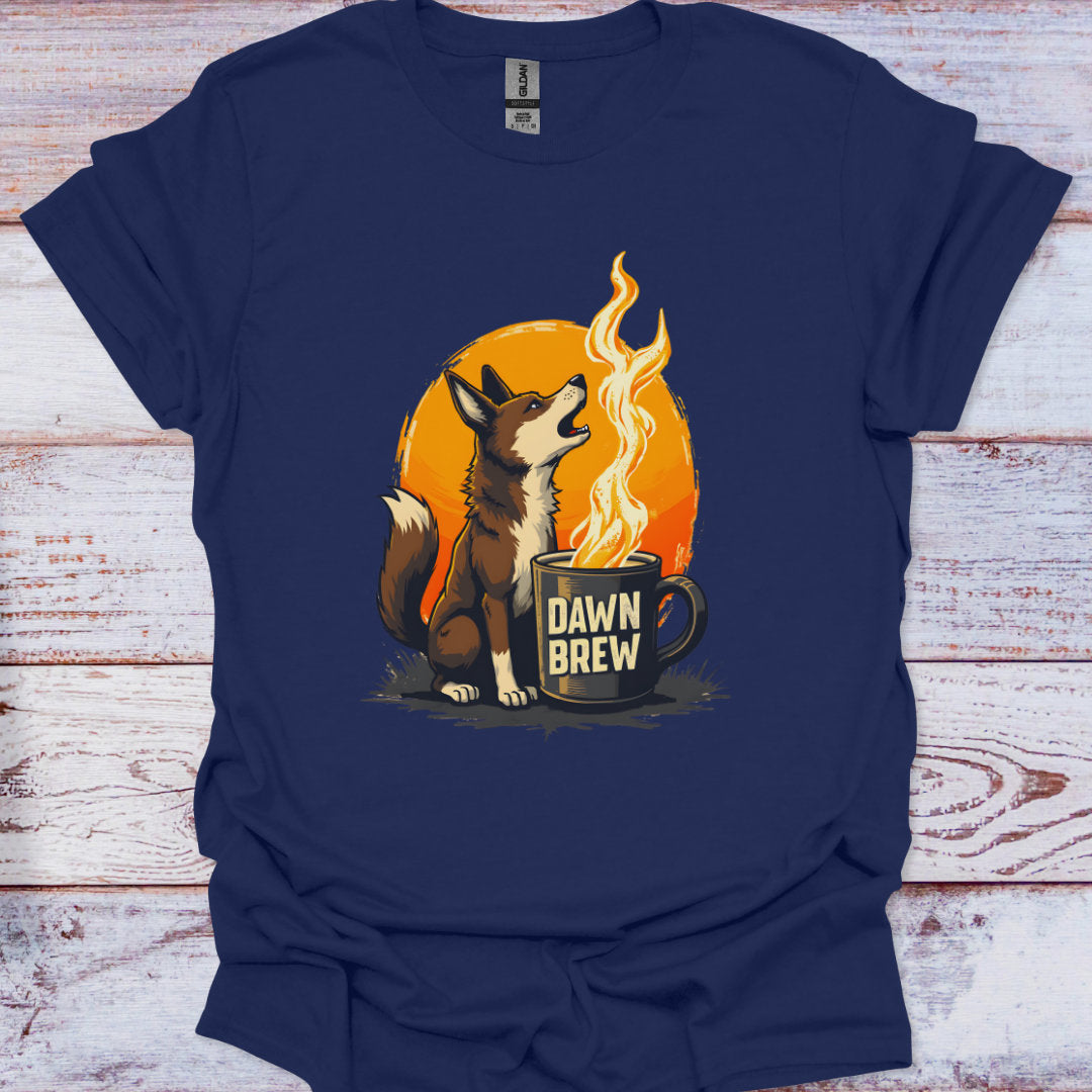 Navy blue t-shirt with a graphic of a dingo next to a mug labeled 'Dawn Brew' on a wooden surface.
