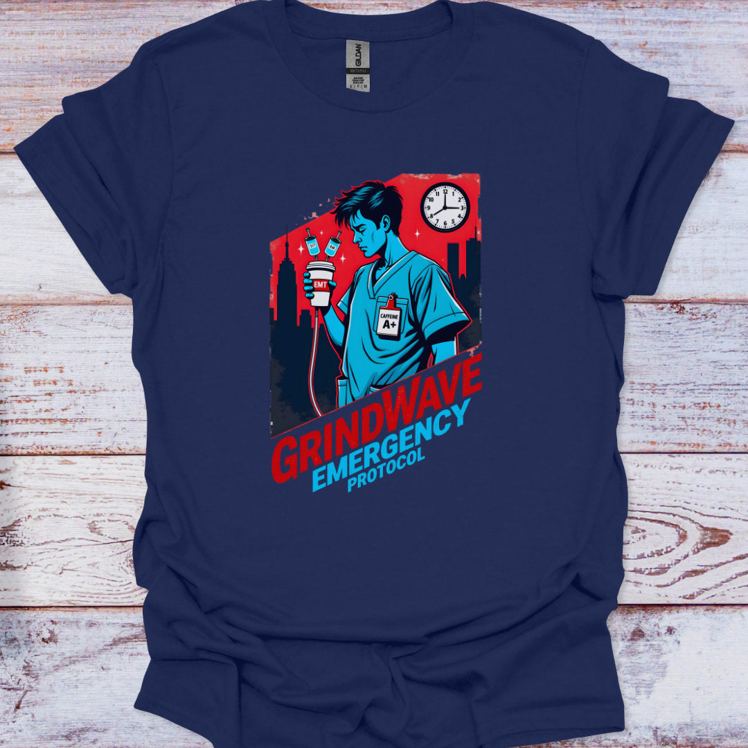 Navy blue t-shirt with a graphic design on a wooden surface