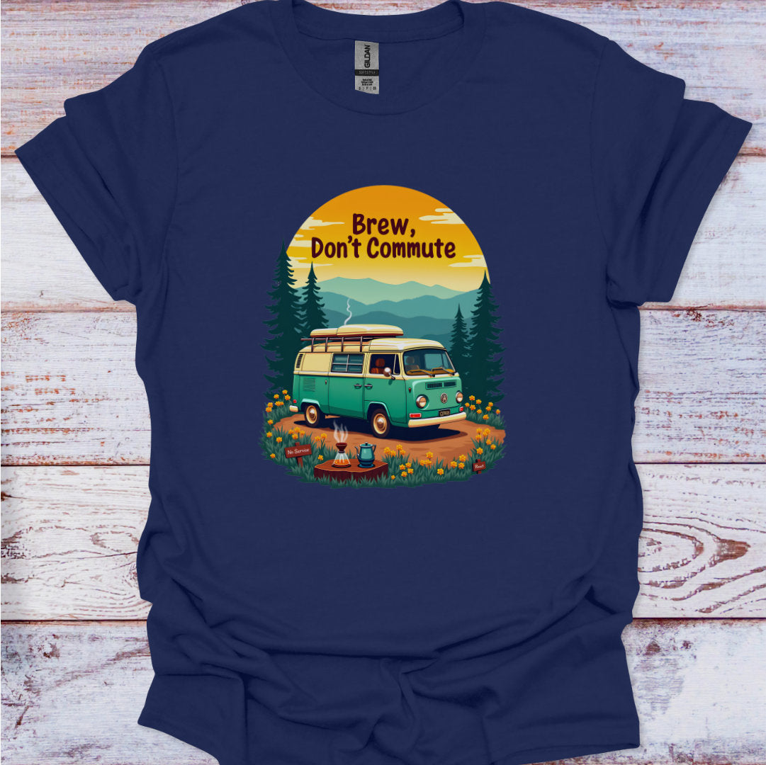Navy blue t-shirt with a graphic of a van and trees, and text 'Brew, Don't Commute' on a wooden surface.