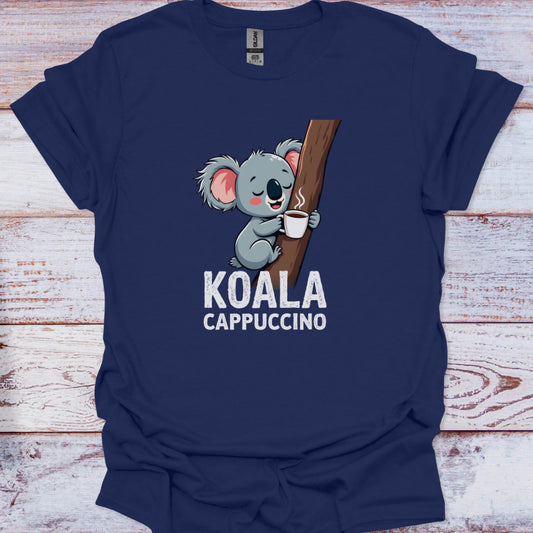 Navy blue t-shirt with a koala holding a coffee cup graphic and 'KOALA CAPPUCCINO' text on a wooden surface.