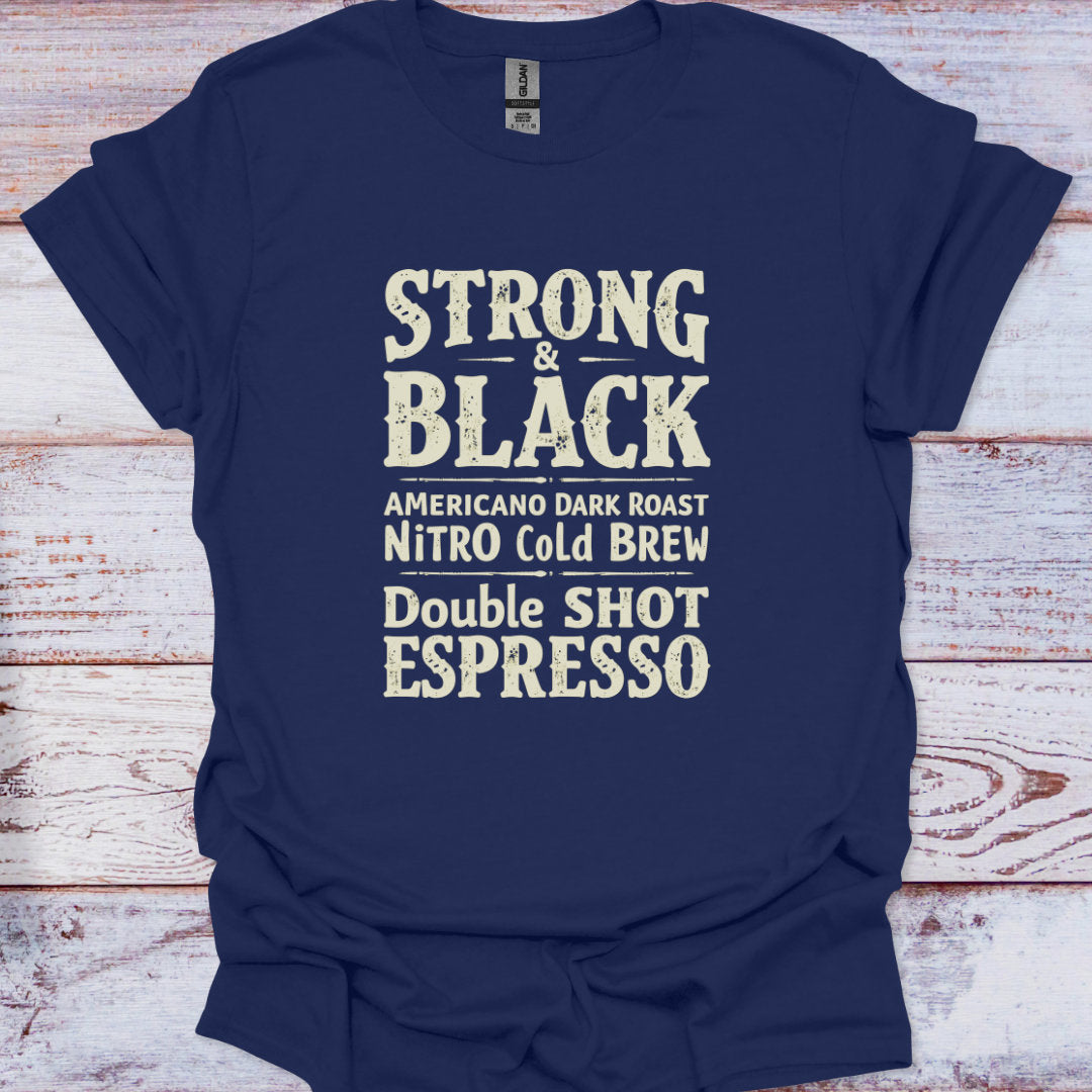 Navy blue t-shirt with white text on a wooden surface