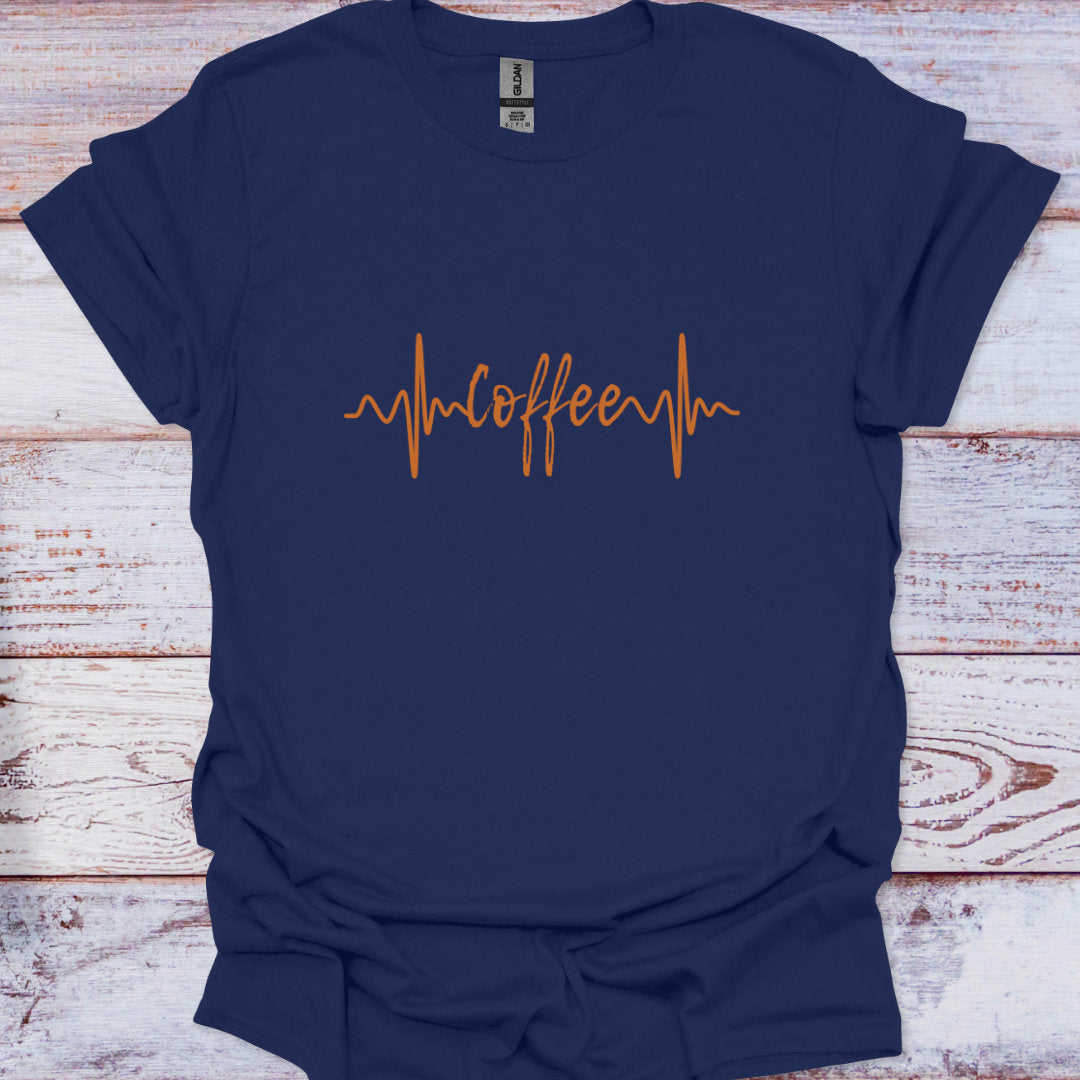 Navy blue t-shirt with orange 'coffee' text on a wooden surface