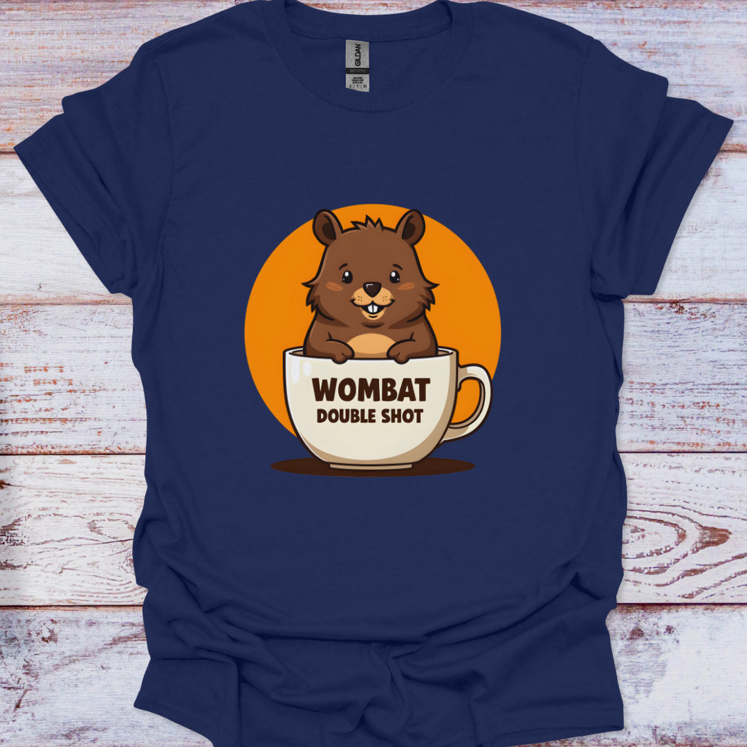 Navy blue t-shirt with a cartoon wombat in a coffee cup on an orange background