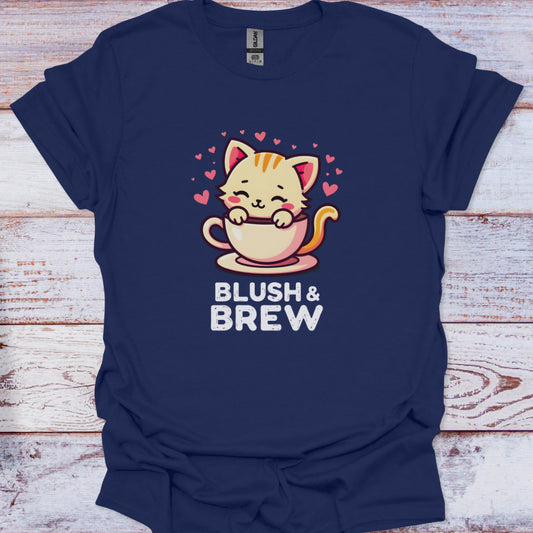 Navy blue t-shirt with a cartoon cat holding a coffee cup and hearts on a wooden surface