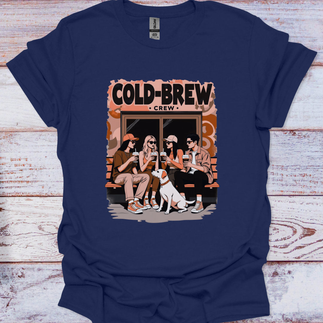 Navy blue t-shirt with 'Cold Brew Crew' graphic on a wooden surface