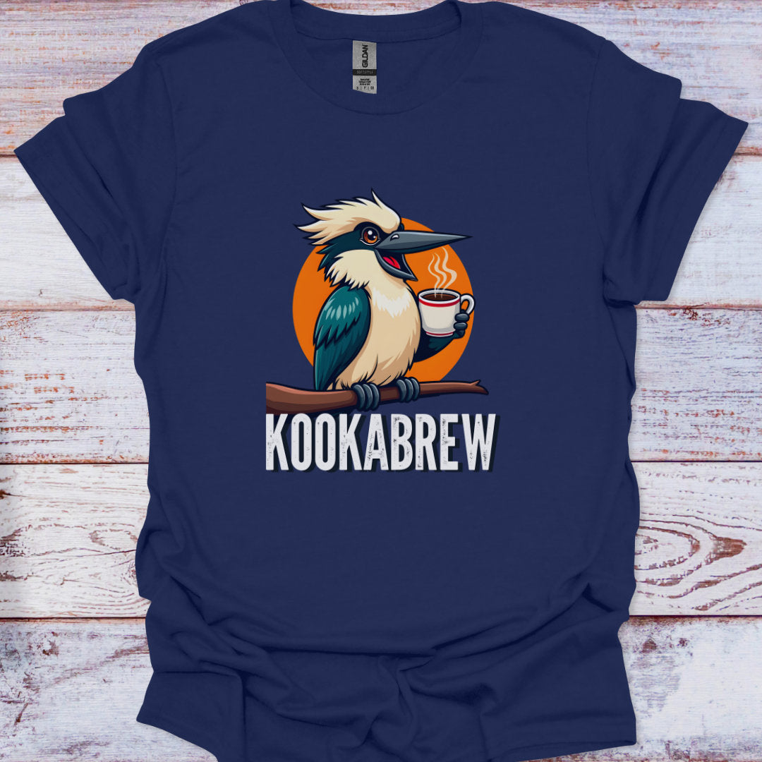 Navy blue t-shirt with a kookaburra holding a coffee cup and 'Kookabrew' text on a wooden surface.