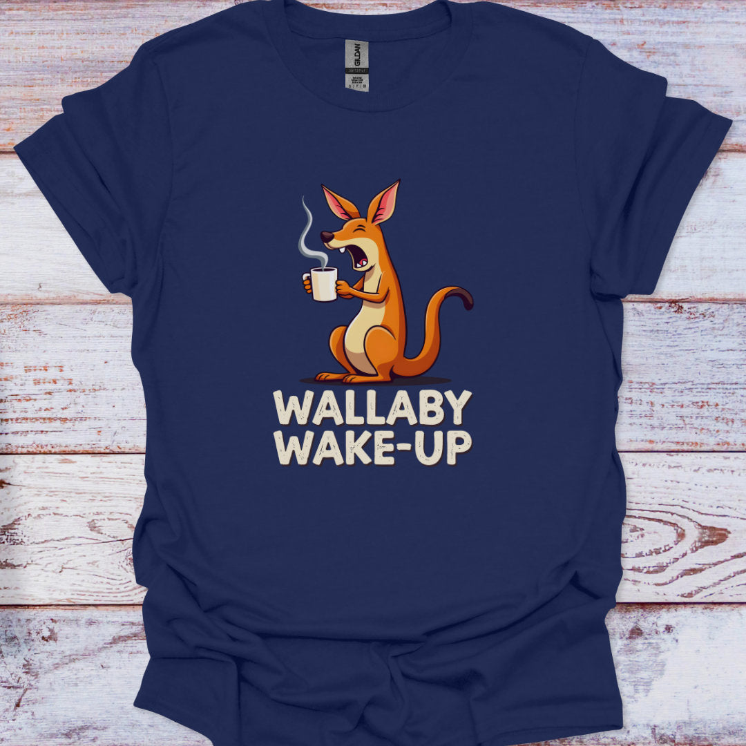 Navy blue t-shirt with a kangaroo graphic and 'Wallaby Wake-Up' text on a wooden surface