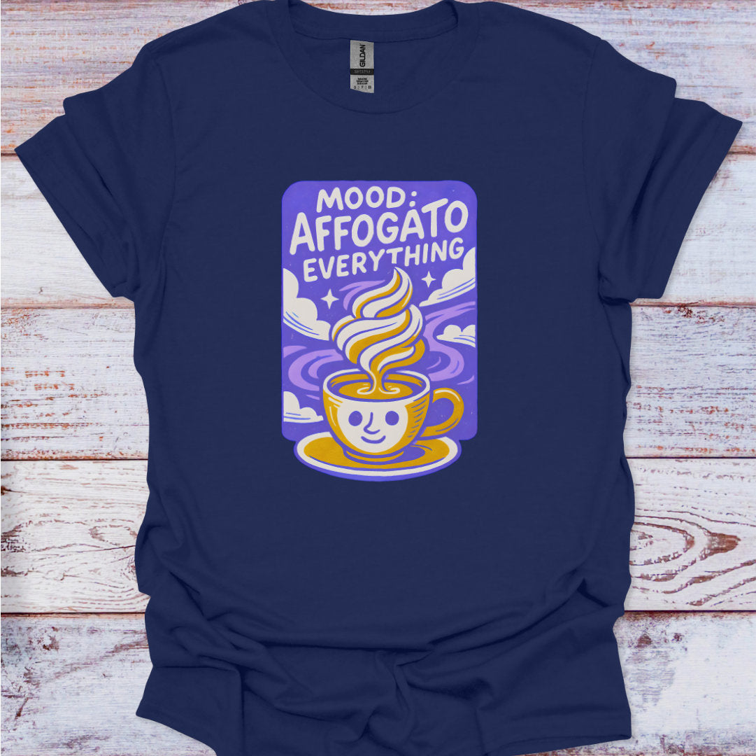 Navy blue t-shirt with a graphic design on a wooden surface