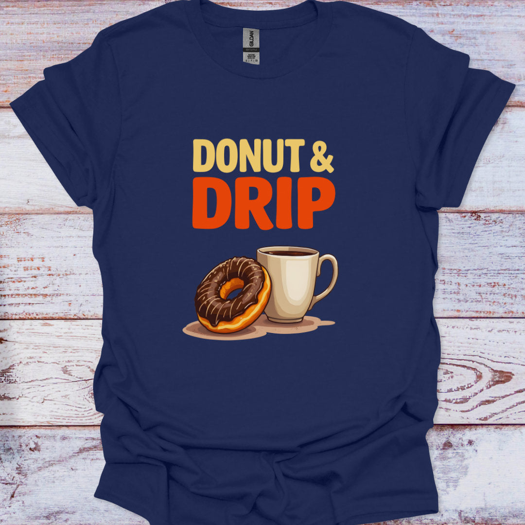 Navy blue t-shirt with 'Donut & Drip' graphic on a wooden surface