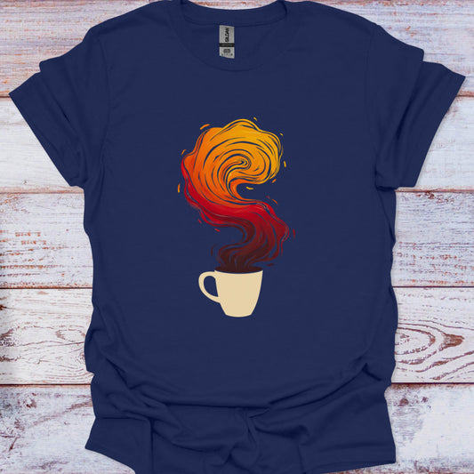 Navy blue t-shirt with a cup of coffee graphic on a wooden surface