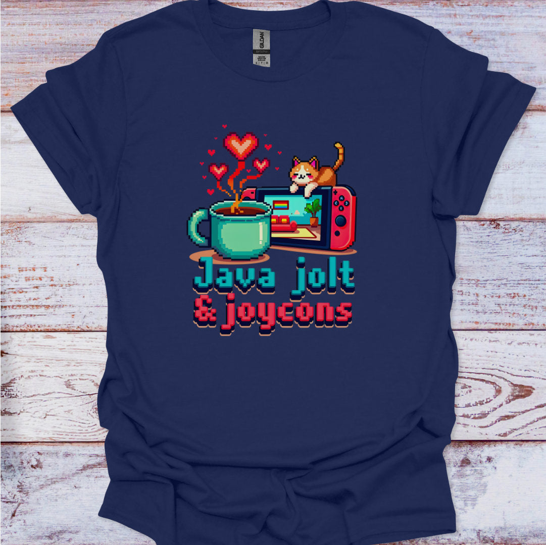 Navy blue t-shirt with a graphic design of a coffee mug, game console, and cat on a wooden surface.