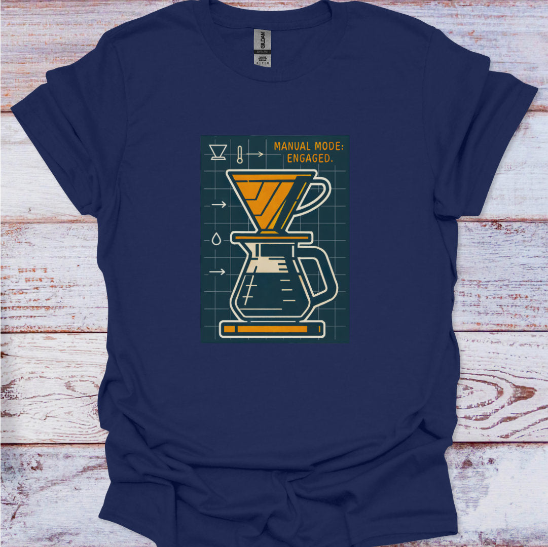 Navy blue t-shirt with a coffee-themed graphic on a wooden surface