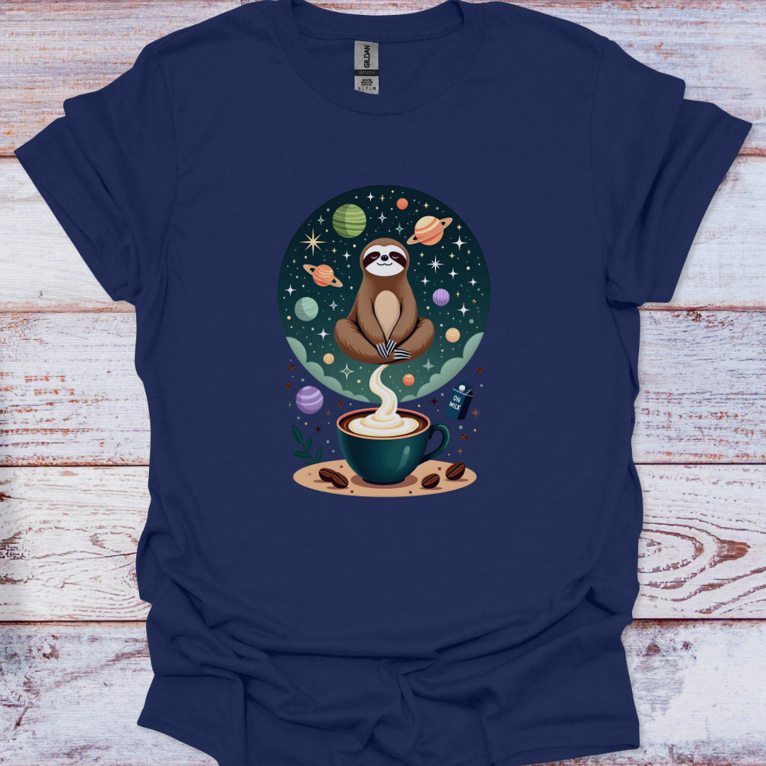 Navy blue t-shirt with a sloth and coffee cup graphic on a wooden surface