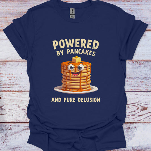 Navy blue t-shirt with a graphic of pancakes and text on a wooden surface