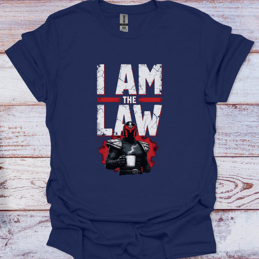 Navy blue t-shirt with 'I AM THE LAW' graphic design on a wooden surface