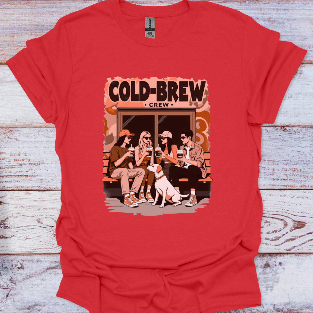 Red t-shirt with 'Cold-Brew Crew' graphic on a wooden surface