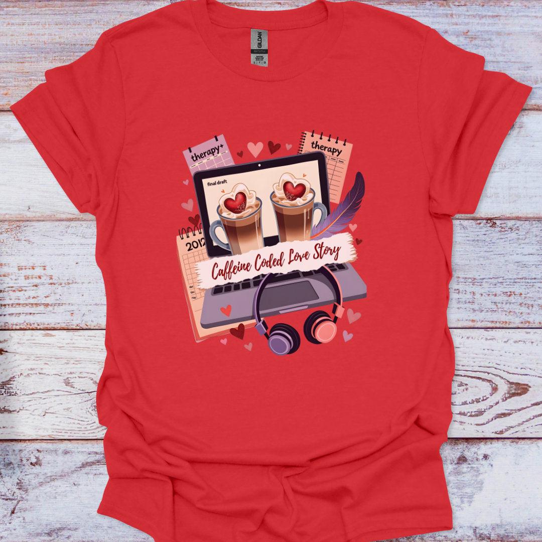 Red t-shirt with a graphic design of a laptop, coffee cups, and text on a wooden surface