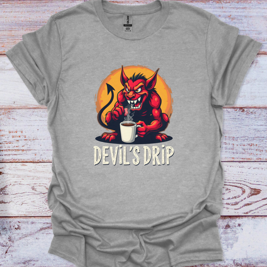 Gray t-shirt with a graphic of a devil holding a coffee cup and 'Devil's Drip' text on a wooden surface.