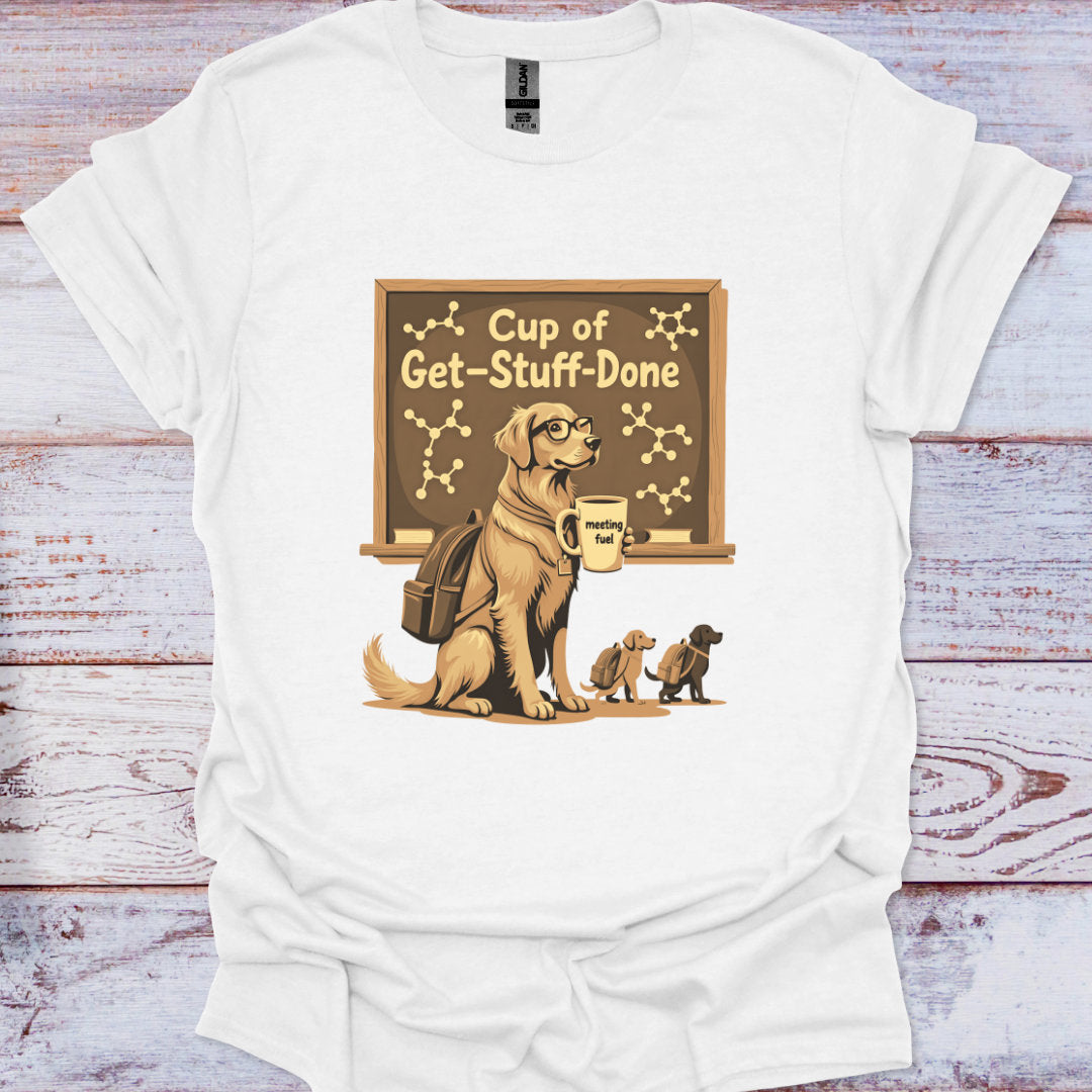 White t-shirt with a graphic of a dog and puppies under a chalkboard on a wooden surface