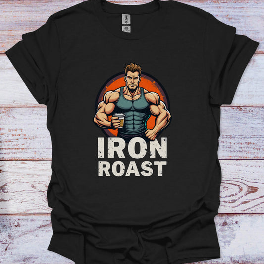 Black t-shirt with 'Iron Roast' graphic on a wooden surface