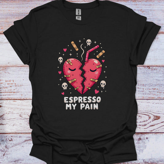 Black t-shirt with a graphic of two hearts and 'Espresso My Pain' text on a wooden surface