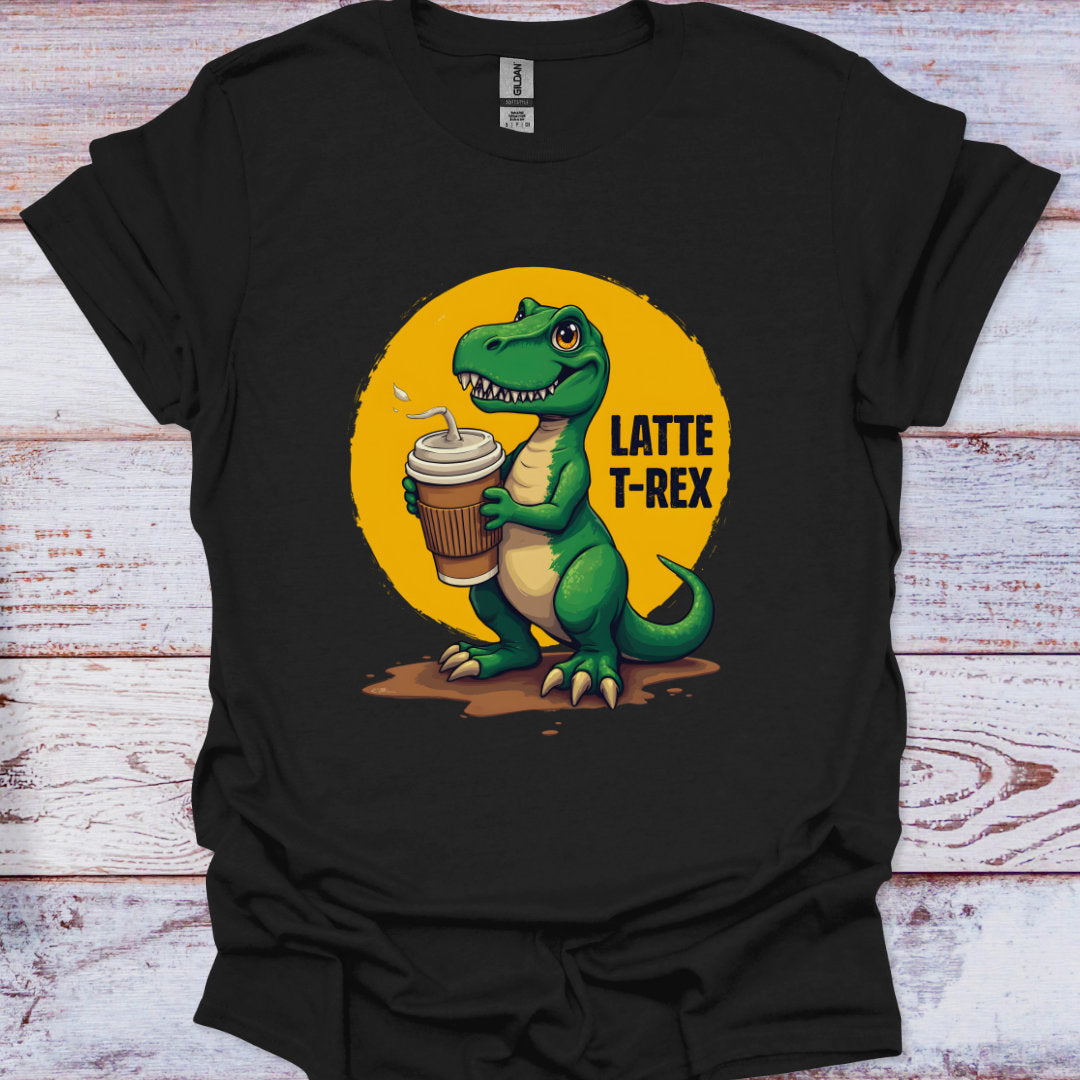 Black t-shirt with a dinosaur holding a coffee cup graphic on a wooden surface