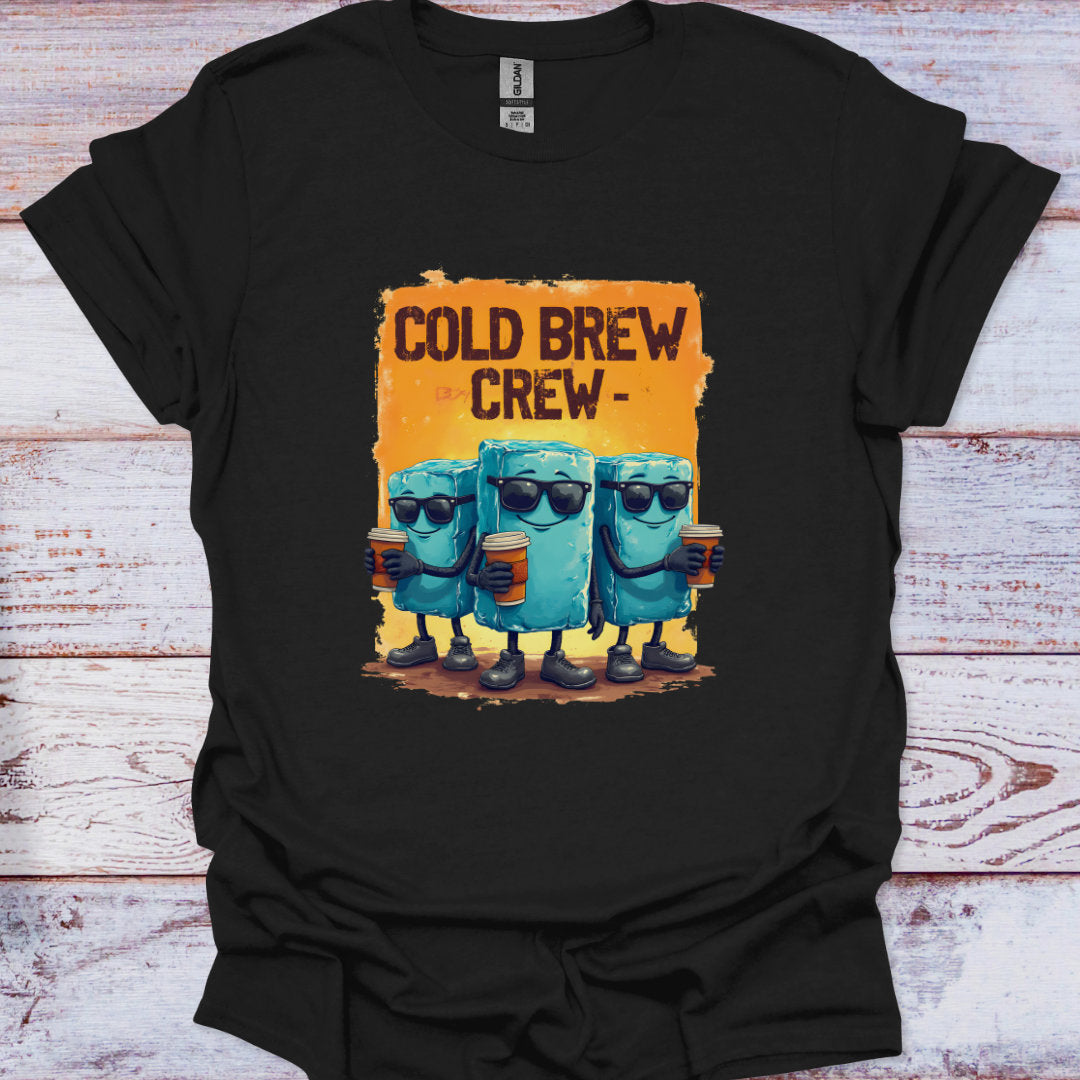Black t-shirt with 'Cold Brew Crew' graphic on a wooden surface