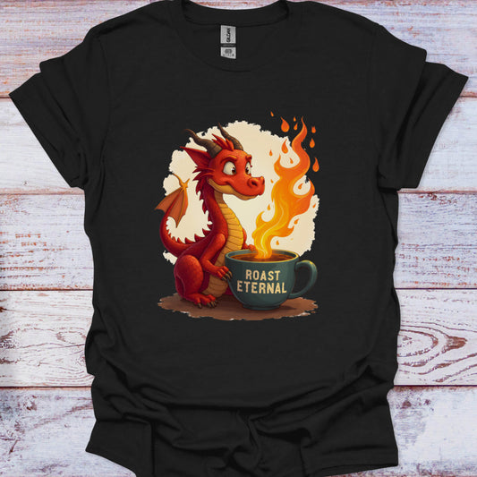 Black t-shirt with a dragon and coffee cup graphic on a wooden surface