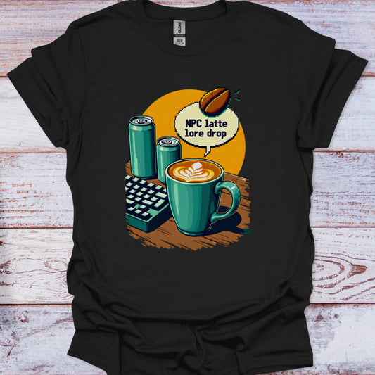 Black t-shirt with a coffee-themed graphic on a wooden surface