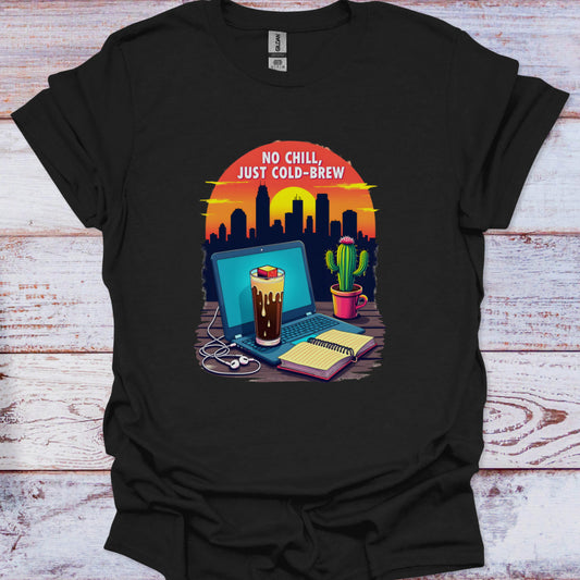 Black t-shirt with a graphic design of a laptop, cactus, and coffee cup on a wooden surface