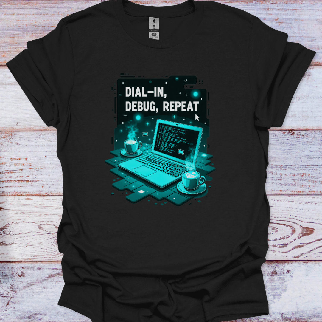 Black t-shirt with a graphic of a laptop and text 'Dial-In, Debug, Repeat' on a wooden surface.
