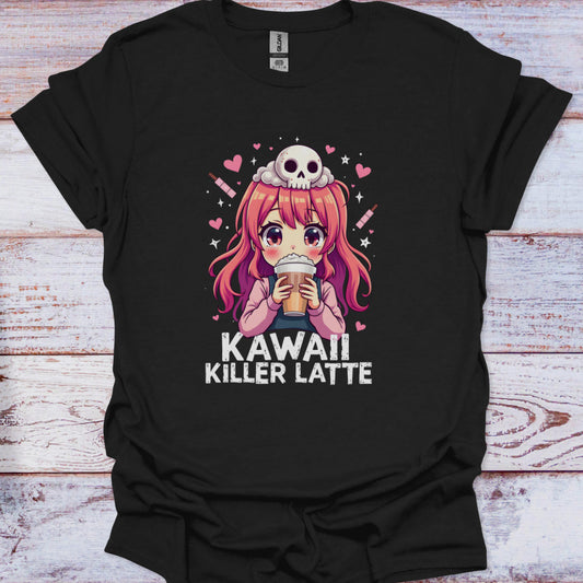 Black t-shirt with an anime character drinking a latte and text 'Kawaii Killer Latte' on a wooden surface.