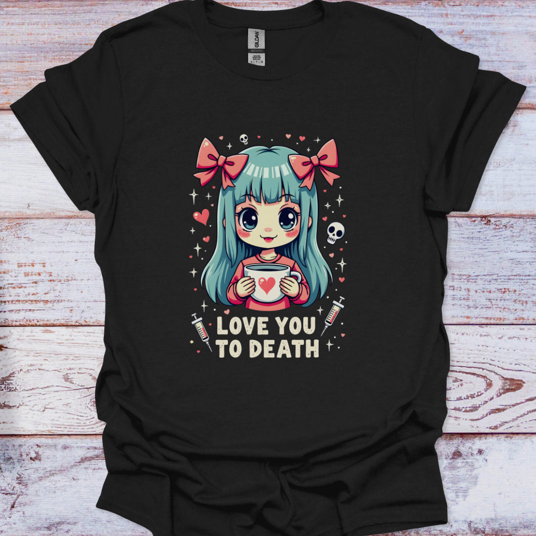 Black t-shirt with a graphic of a character holding a cup and text 'Love You to Death' on a wooden surface.