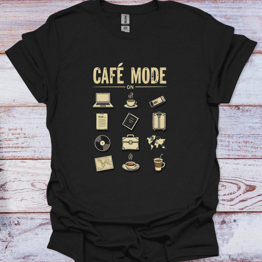 Black t-shirt with 'Café Mode' graphic design on a wooden surface